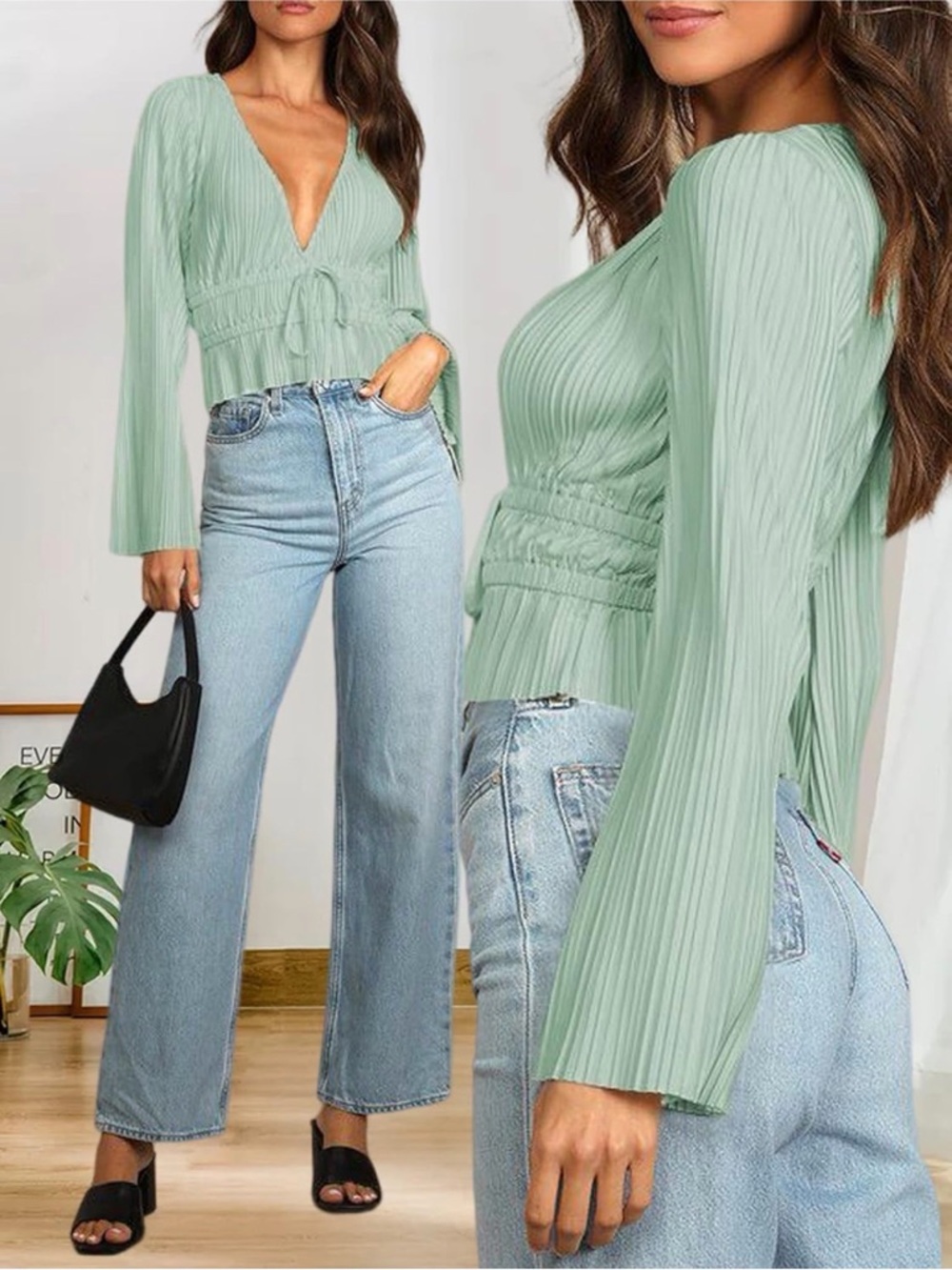 Deep V Neck Pleated Bell Sleeve Blouse Mint Green Large (8-10)
